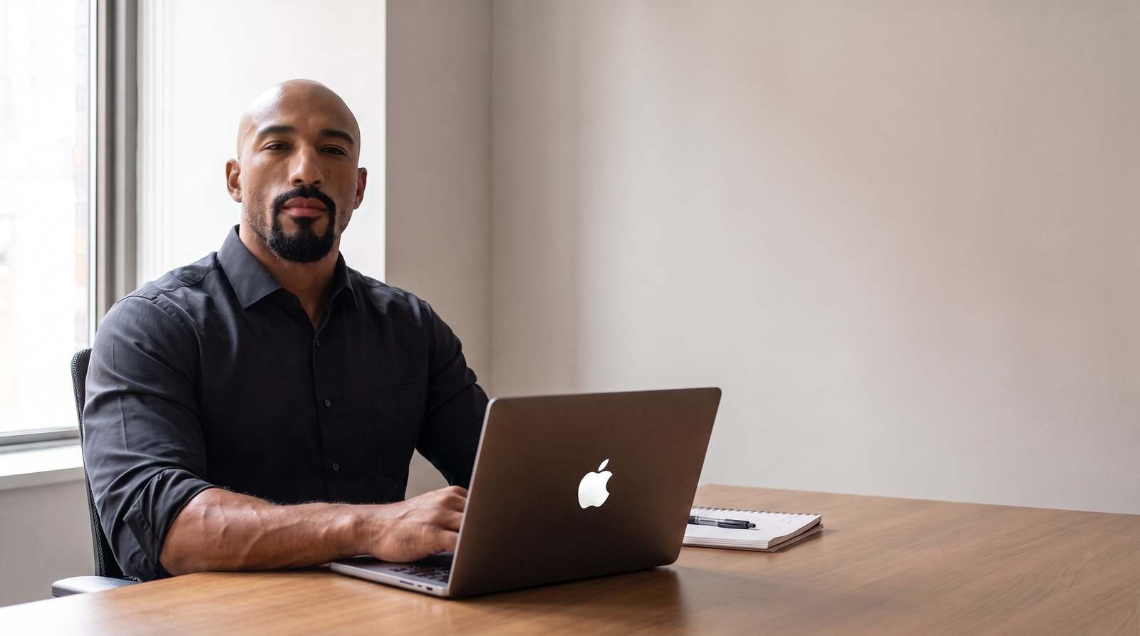 Marcell Jackson at a desk with a laptop and a notepad, Chicago.